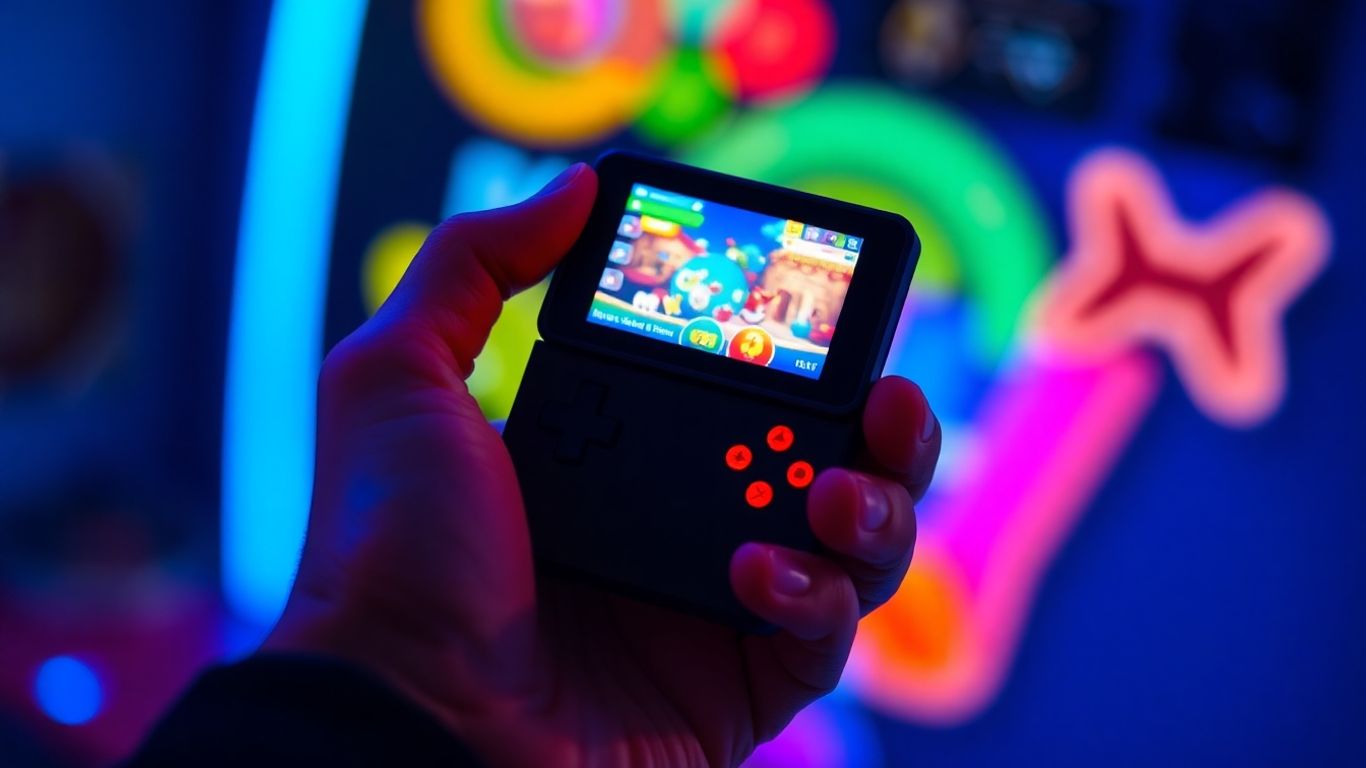 Hand holding a colorful portable gaming device with glowing screen.