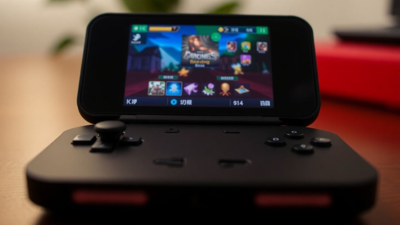 Steam Deck handheld gaming console with a game on its screen.