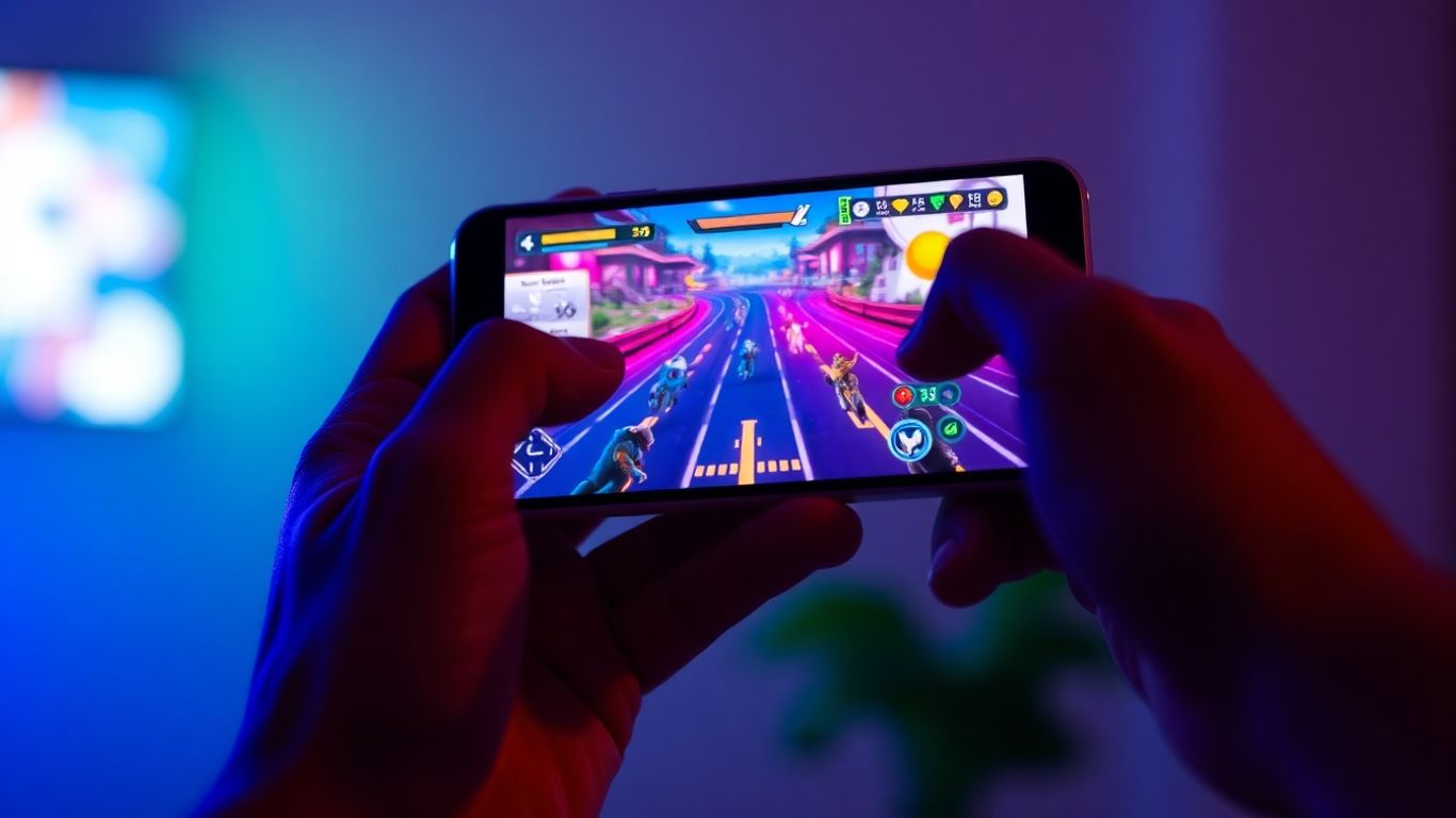 Hand holding smartphone playing colorful mobile game.