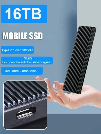 16TB großer Speicher Type-C tragbare Mini-SSD，Enormer Speicherplatz! Blitzschnell. Wasserdicht und stoßfest. Halber Preis, nur noch 2 Stunden