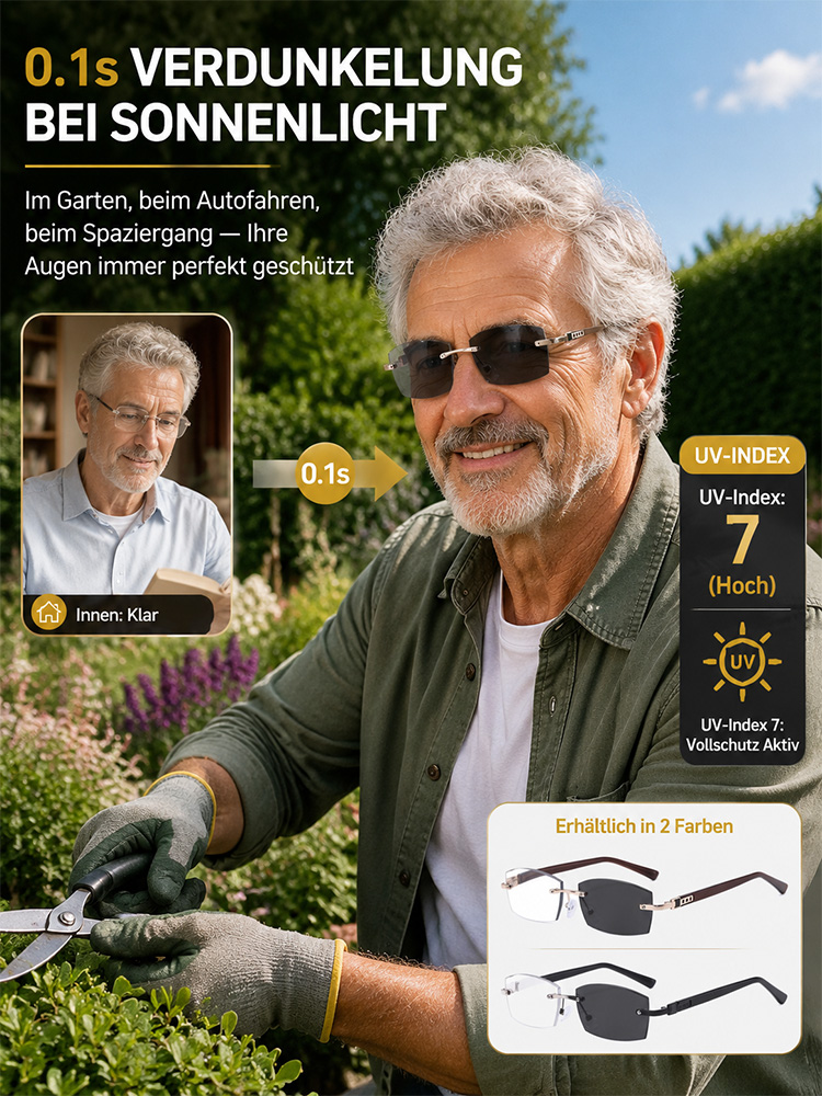 Eine Brille – automatisch angepasst an Entfernung und Licht. Schluss mit dem Wechsel zwischen Lese-, Alltags- und Sonnenbrille.