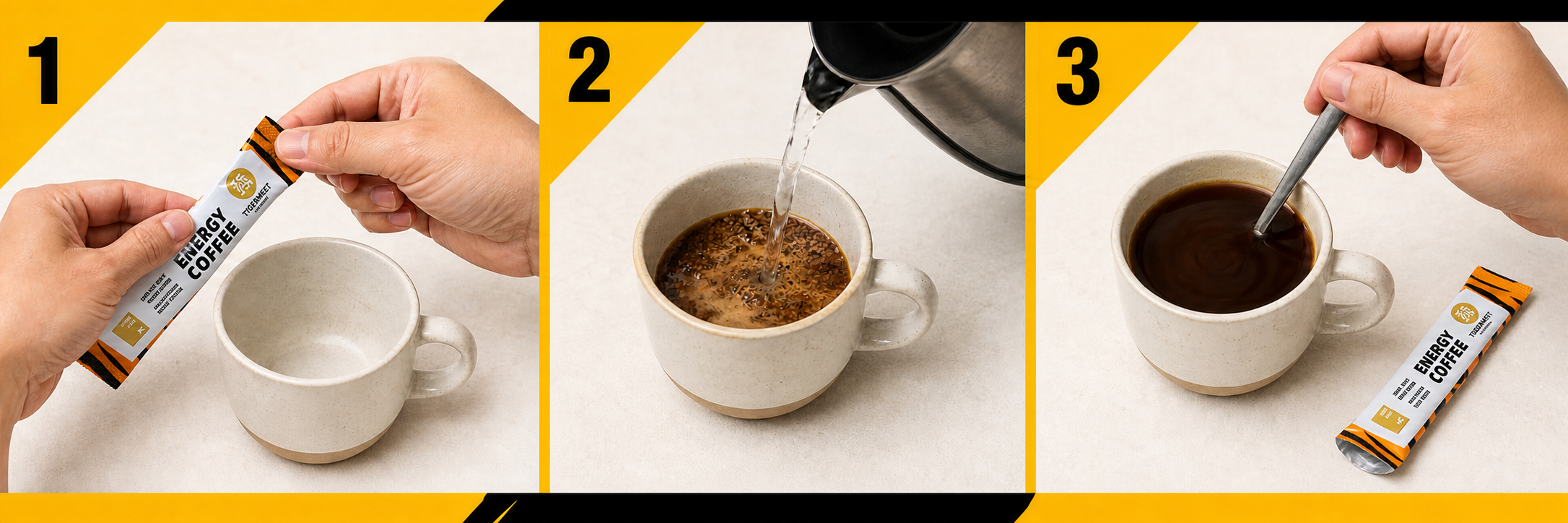 Three-step preparation guide: open one sachet, add water and stir