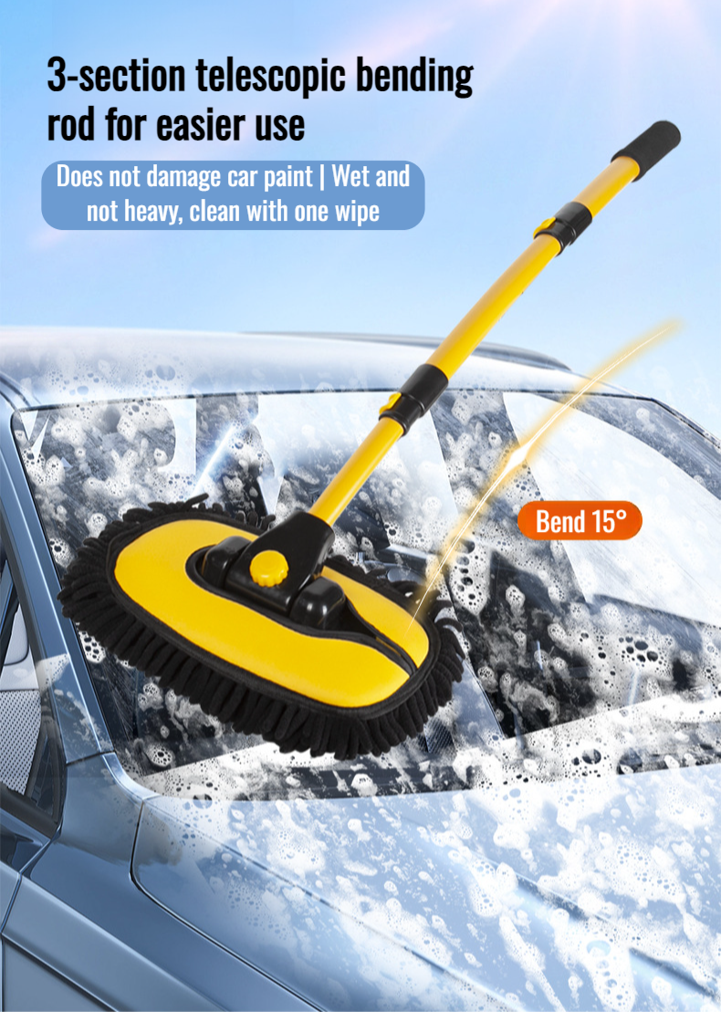 Car wash mop with chenille soft bristles for gentle cleaning