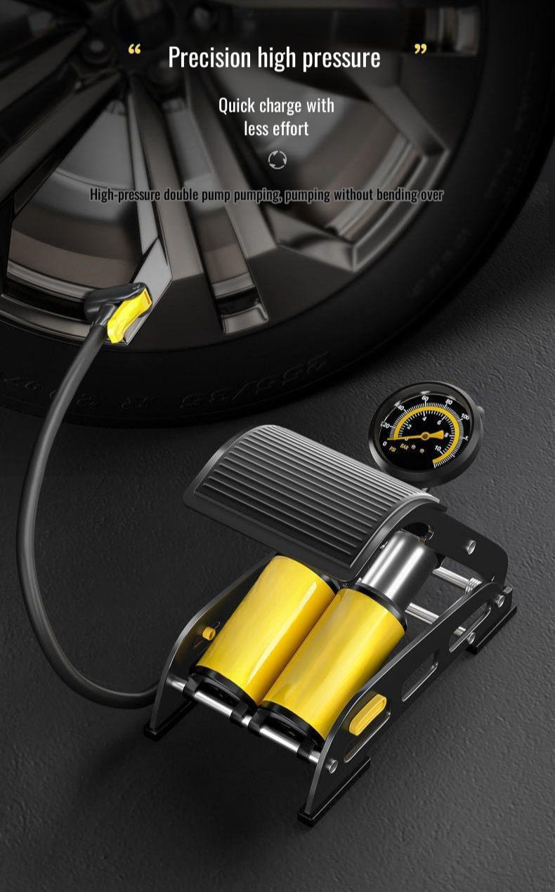 Foot-operated car air pump for high pressure tire inflation