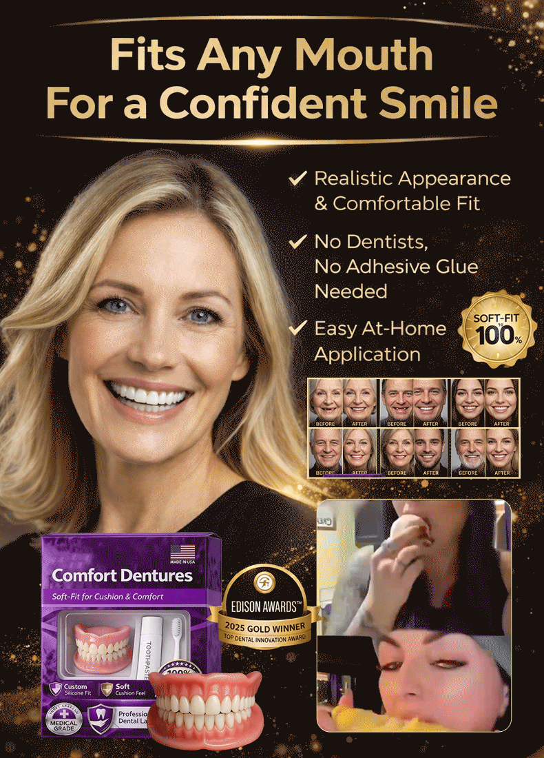 🔥Confident Smile Complete Denture Set. ✅ Medical Grade: BPA-free, made with high-molecular-weight memory material. ⏱️ In just seconds, you can wear them and enjoy healthy, beautiful teeth, savoring every bite.