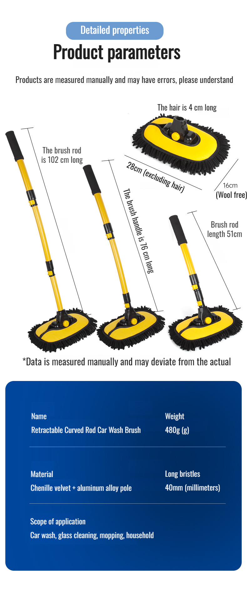 Retractable aluminum alloy car cleaning brush curved design