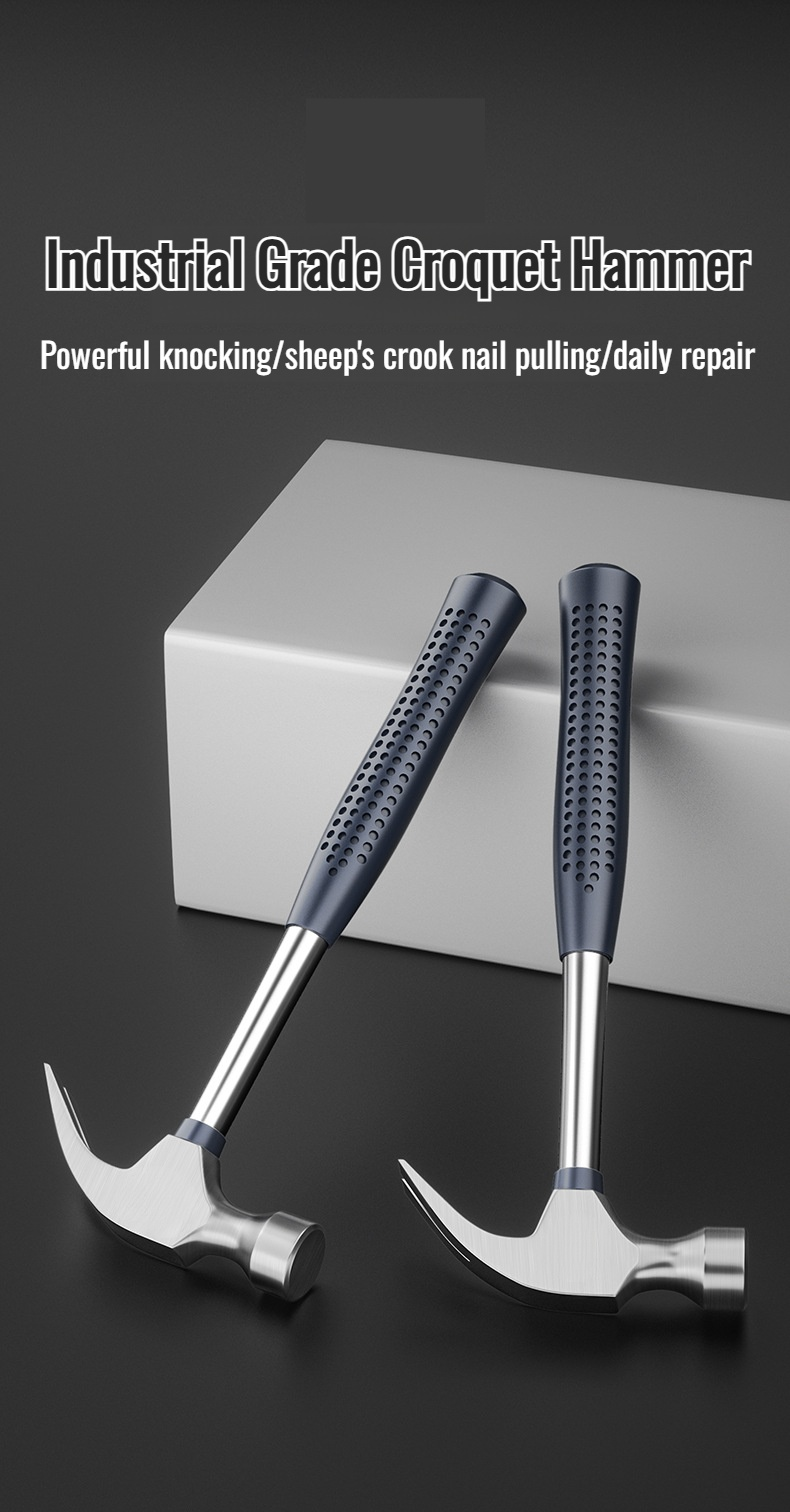 Household round head hammer with anti-skid handle lying on wooden surface