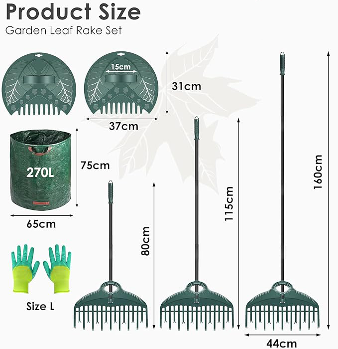 Gartengeräte Set Gartenarbeitsset mit Rechen Garten 160cm,Laubrechen Handschuhe Gartenabfallsack Geschenke für Gartenliebhaber