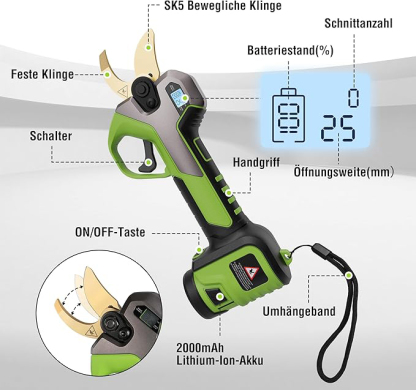 12V Akku Astschere mit bürstenlosem Motor und 2 Akku, Professionelle elektrische Gartenschere mit Koffer, akku Heckenschere Baumschere für Garten, Äste und Obstbäume
