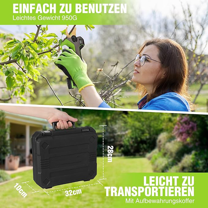 12V Akku Astschere mit bürstenlosem Motor und 2 Akku, Professionelle elektrische Gartenschere mit Koffer, akku Heckenschere Baumschere für Garten, Äste und Obstbäume