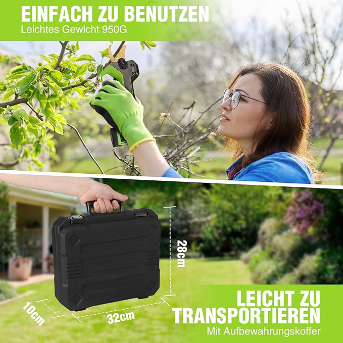 12V Akku Astschere mit bürstenlosem Motor und 2 Akku, Professionelle elektrische Gartenschere mit Koffer, akku Heckenschere Baumschere für Garten, Äste und Obstbäume
