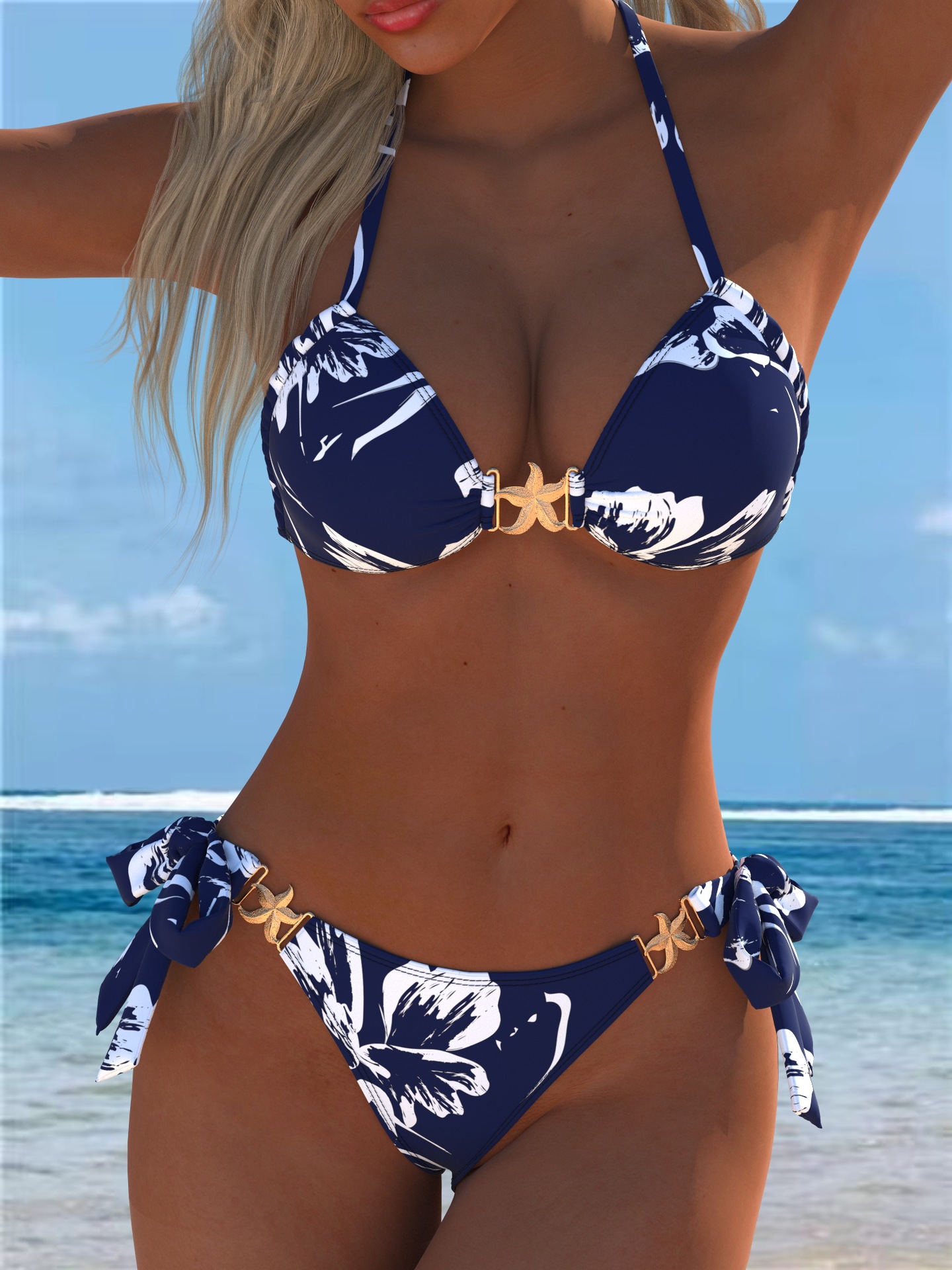 New Sexy Halter-Neck Printed Two-Piece Bikini with Starfish Clasp