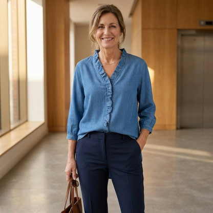 Ravopeak™ – Soft Ruffled Denim Shirt with High Low Hem