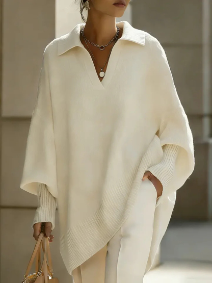 🎄 New Arrivals🔥 Women's Solid Color V-neck Long-sleeved Casual Loose-fitting Knitted Pullover Sweater