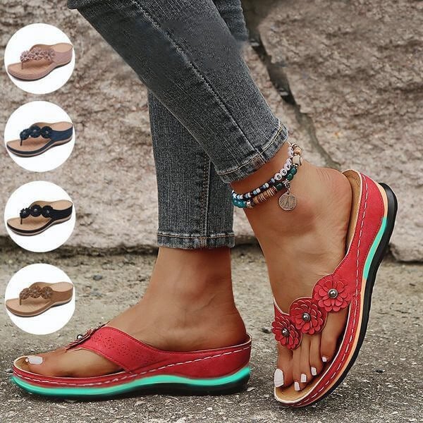 Lismali Uniqcloud Retro Studded Flowers Arch Support Wedge Flip Flops