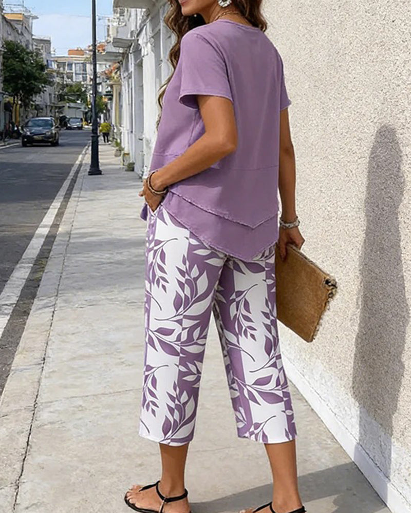 Printed Cropped Pants Casual Two-Piece Set