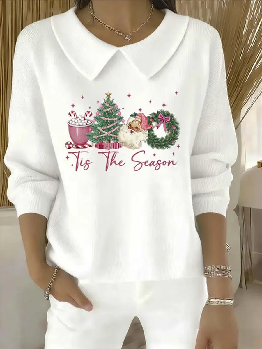 Women's Christmas Pattern Art Casual Peter Pan Collar 3/4 Sleeve Sweater