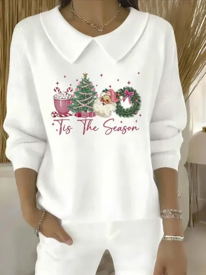 Women's Christmas Pattern Art Casual Peter Pan Collar 3/4 Sleeve Sweater