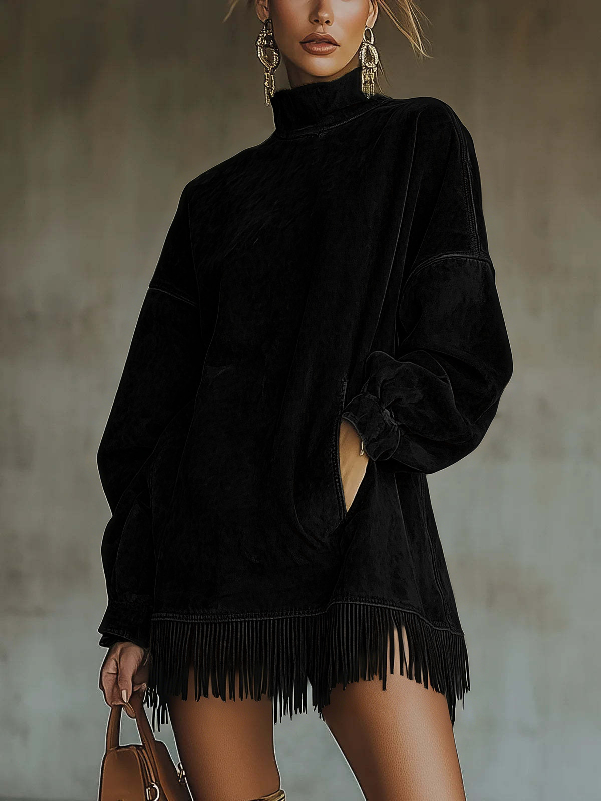 Casual Suede Tassel Hem Balloon Sleeve Mini Dress