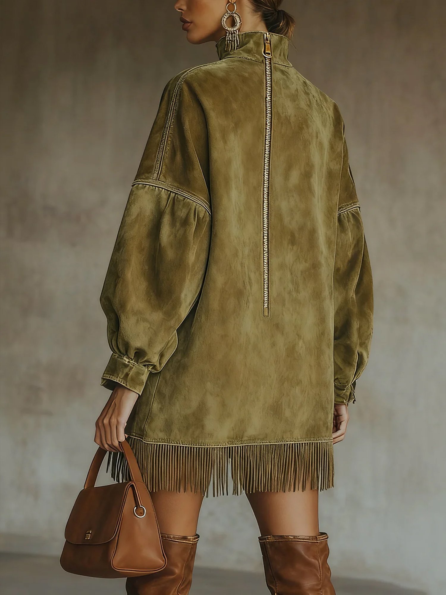 Casual Suede Tassel Hem Balloon Sleeve Mini Dress