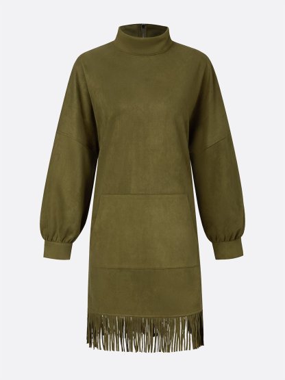 Casual Suede Tassel Hem Balloon Sleeve Mini Dress