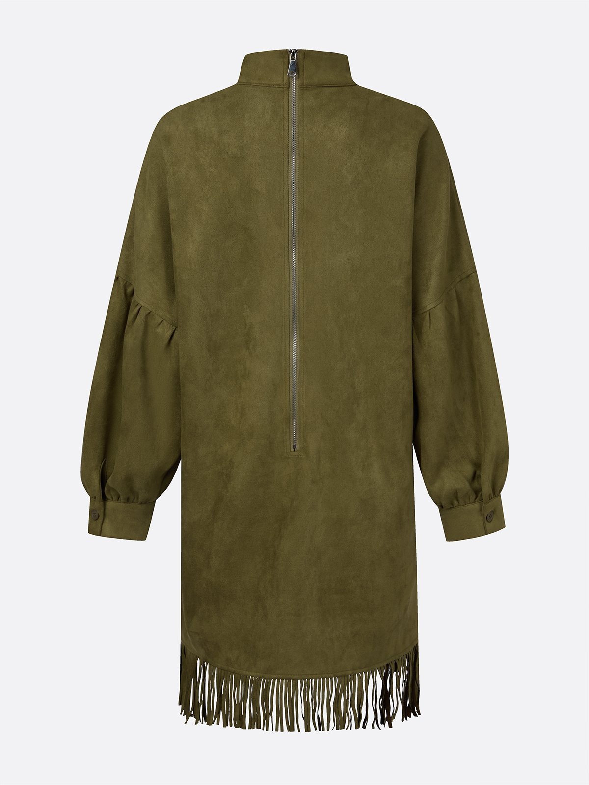 Casual Suede Tassel Hem Balloon Sleeve Mini Dress