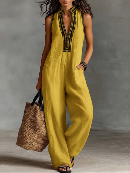Women's V-neck Sleeveless Casual Loose Cotton And Linen Jumpsuit