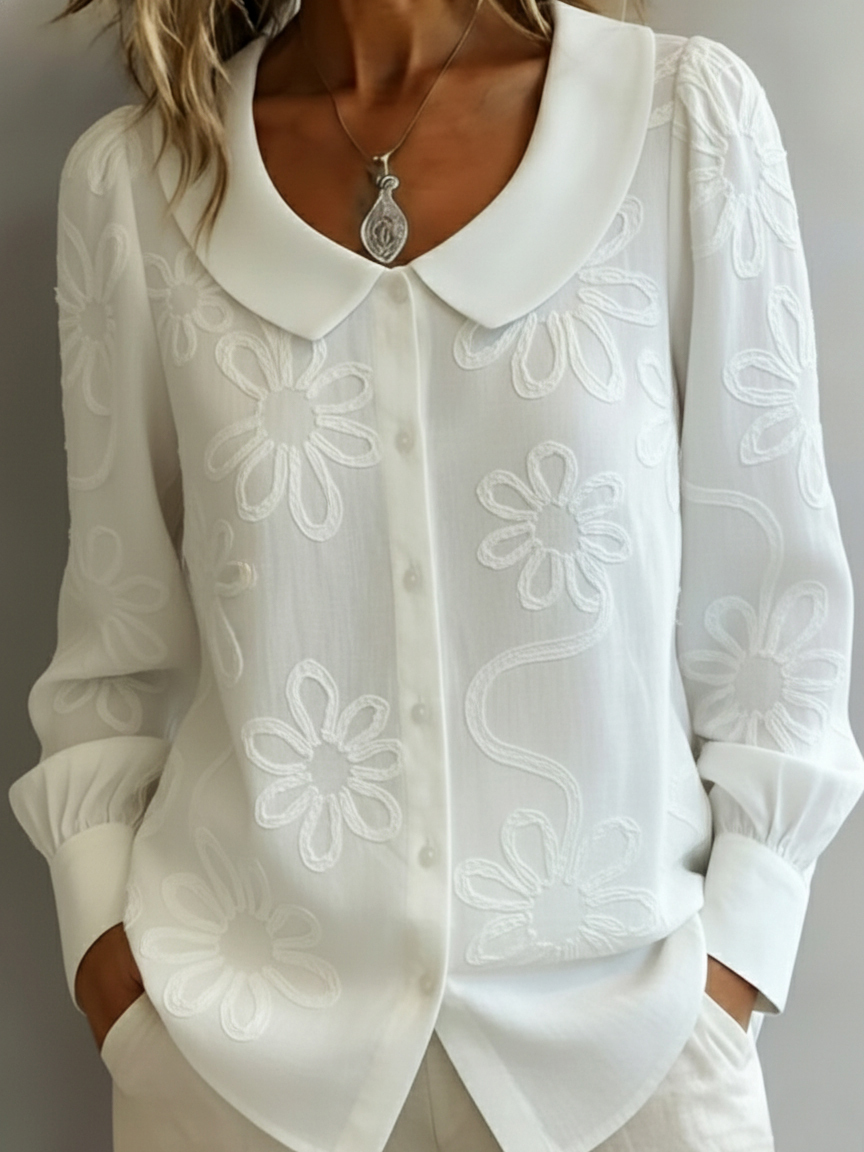 Elegant Peter Pan Collar Embroidered Floral Shirt