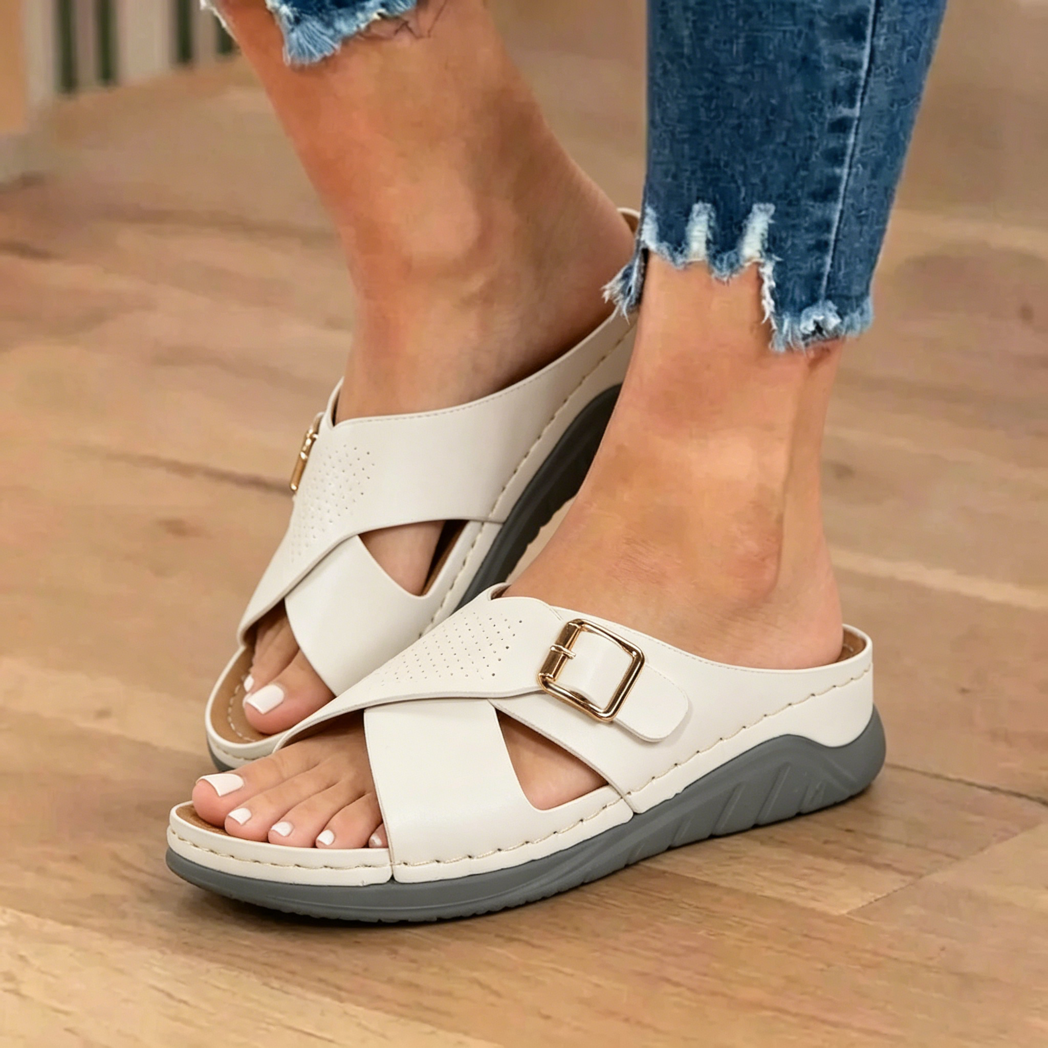 Ravopeak™ │ Women's Platform Slides: Stitched-Detail, Cross-Strap, Breathable Indoor Wedges