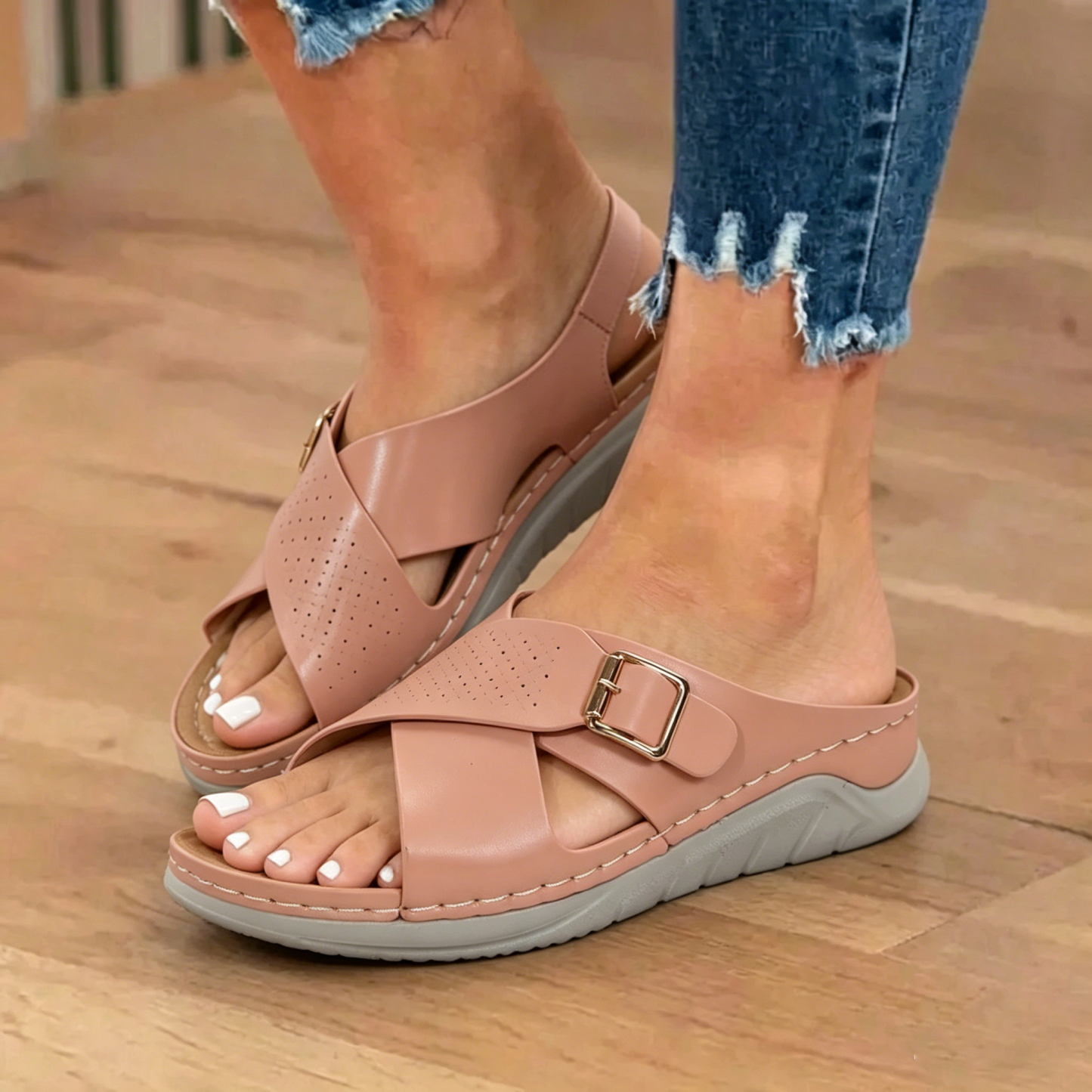 Ravopeak™ │ Women's Platform Slides: Stitched-Detail, Cross-Strap, Breathable Indoor Wedges