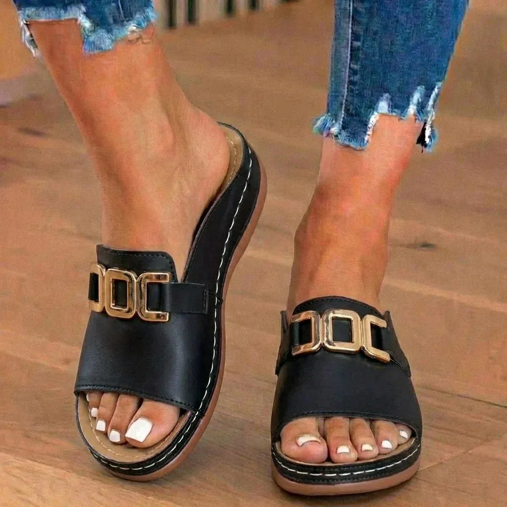 Casual Women's Fashionable Simple Metal Buckle Wedge Platform Sandals