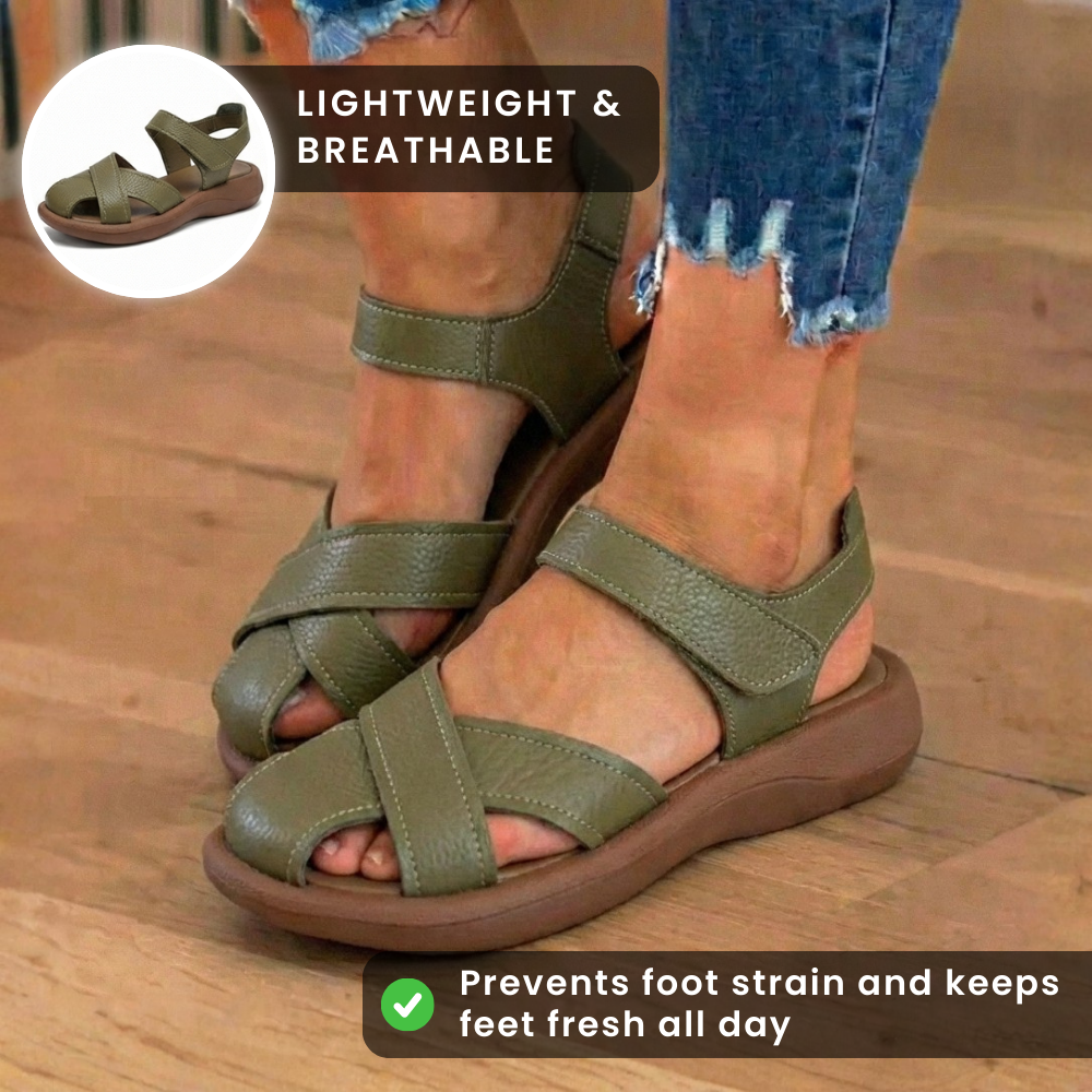 Orthopedic Leather Cross-Strap Comfort Sandals – Cushioned Open Toe