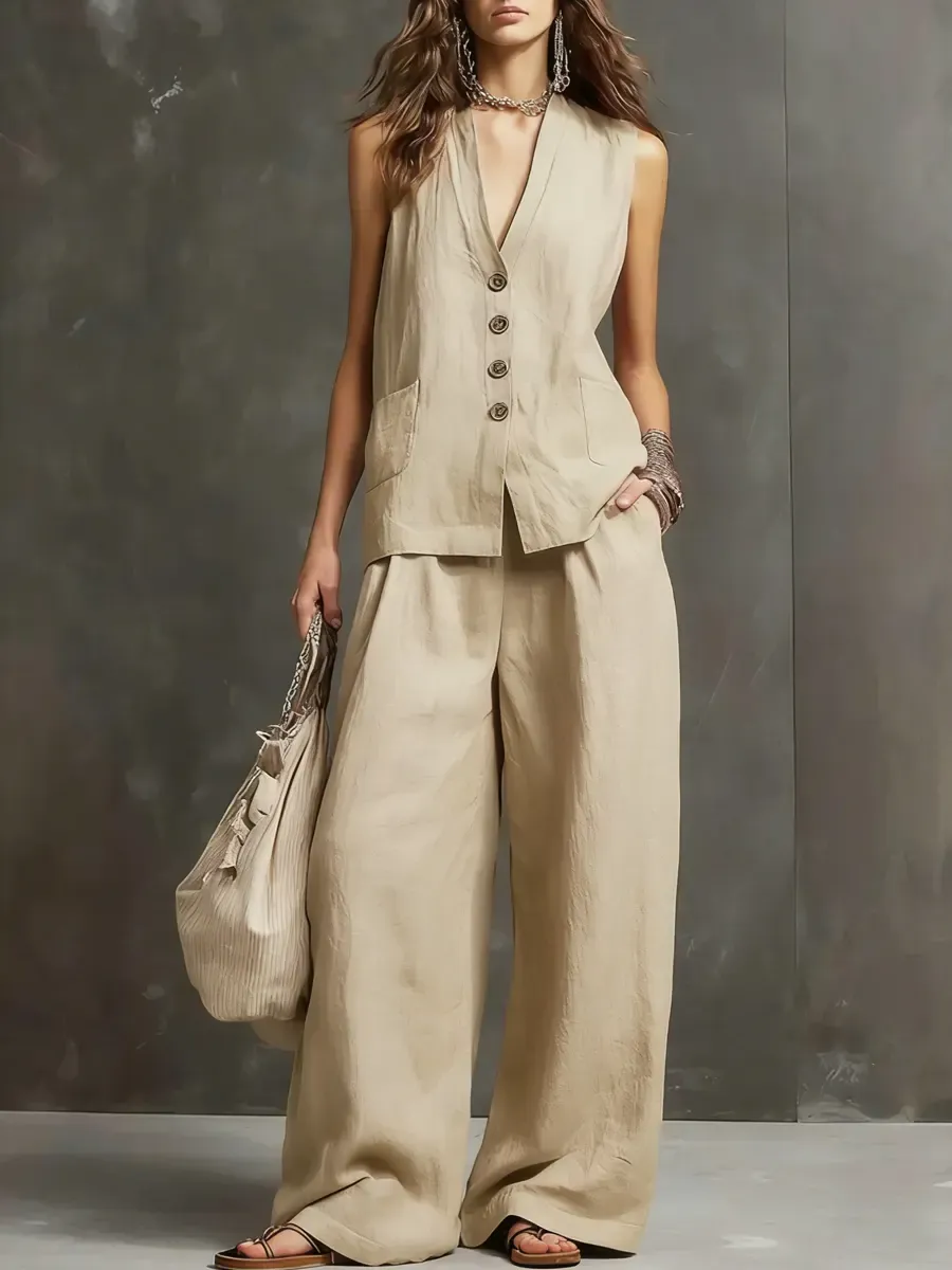 Women's Simple Sleeveless Cotton And Linen Set