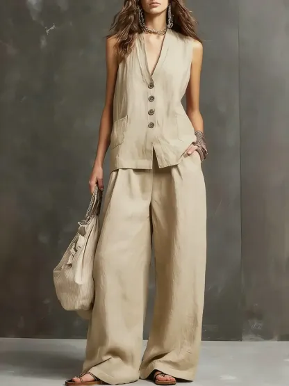 Women's Simple Sleeveless Cotton And Linen Set