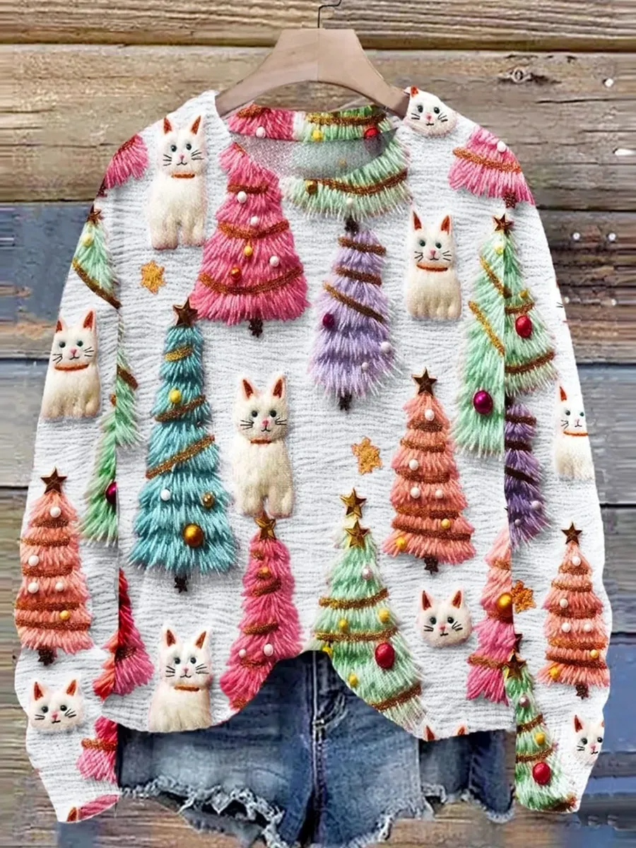 Christmas Tree Cute Cat 3D Print Knit Pullover Sweater