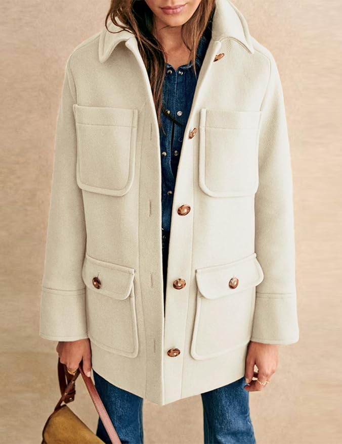 Winter Elegant Womens Pea Coat Mid Long Wool Coat Wool Blend Trench Coat with Pockets