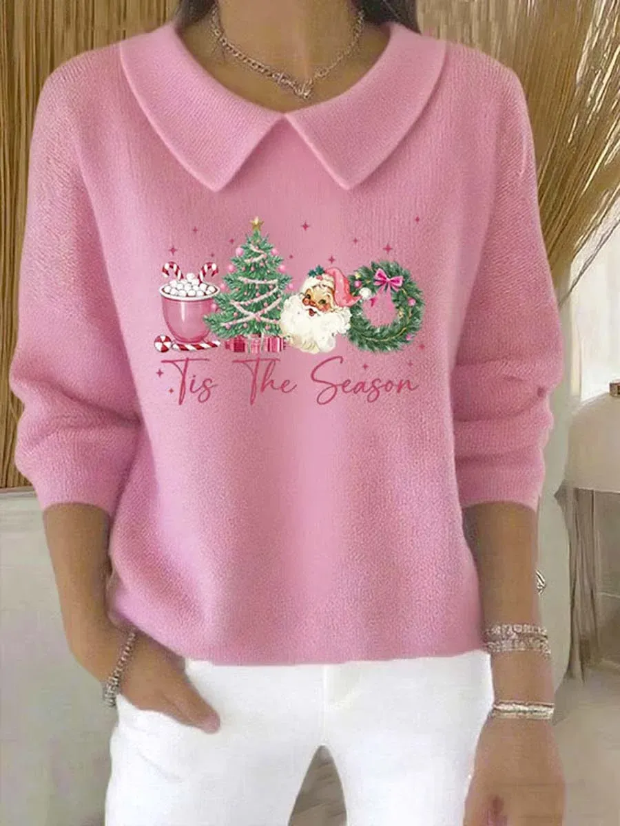 Women's Christmas Pattern Art Casual Peter Pan Collar 3/4 Sleeve Sweater