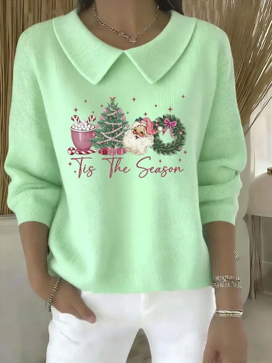 Women's Christmas Pattern Art Casual Peter Pan Collar 3/4 Sleeve Sweater