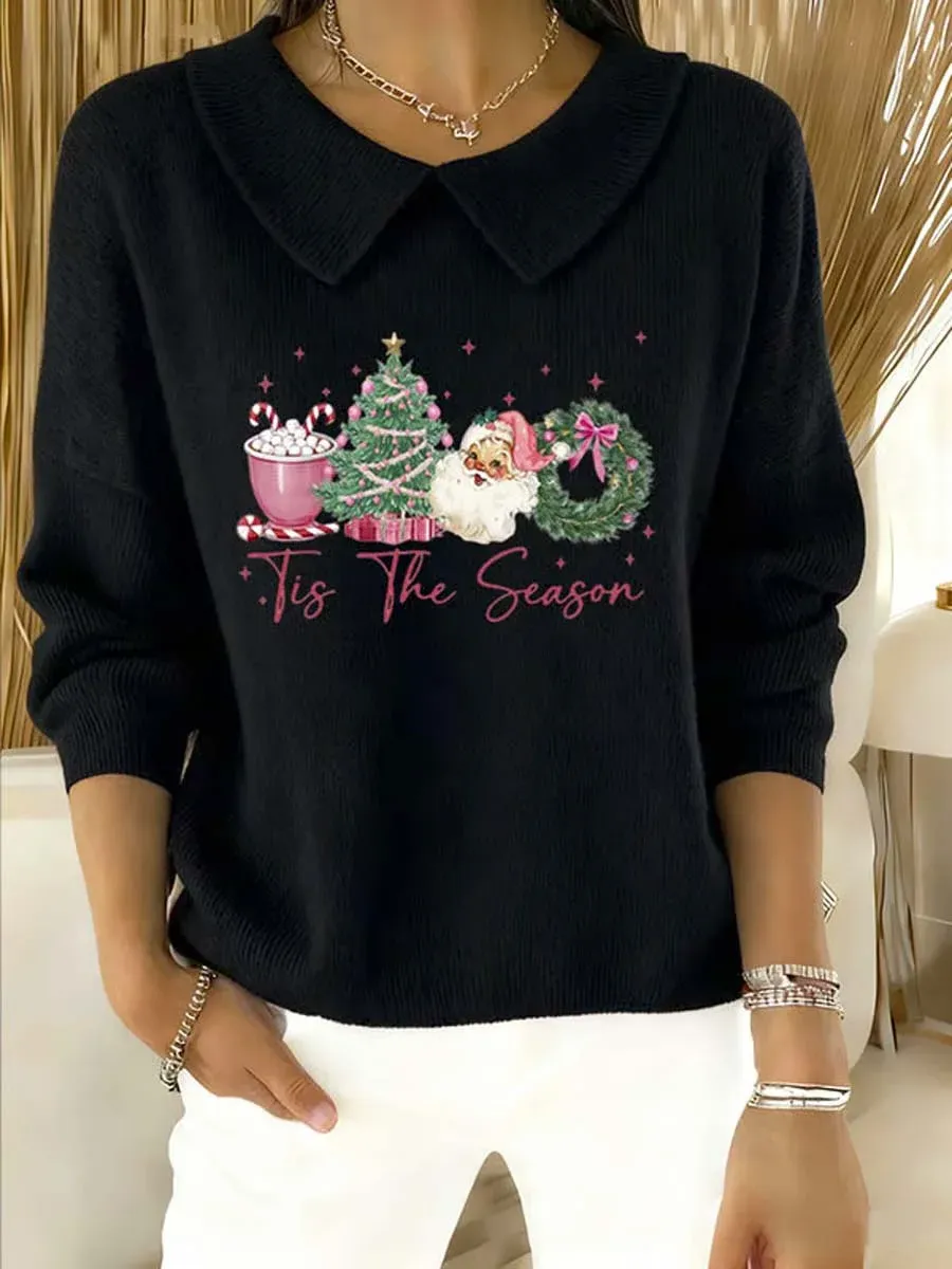 Women's Christmas Pattern Art Casual Peter Pan Collar 3/4 Sleeve Sweater
