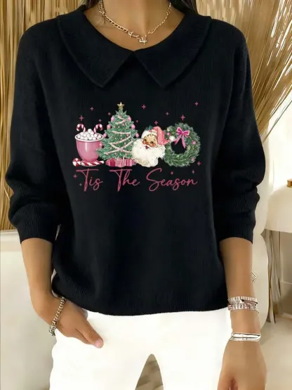 Women's Christmas Pattern Art Casual Peter Pan Collar 3/4 Sleeve Sweater