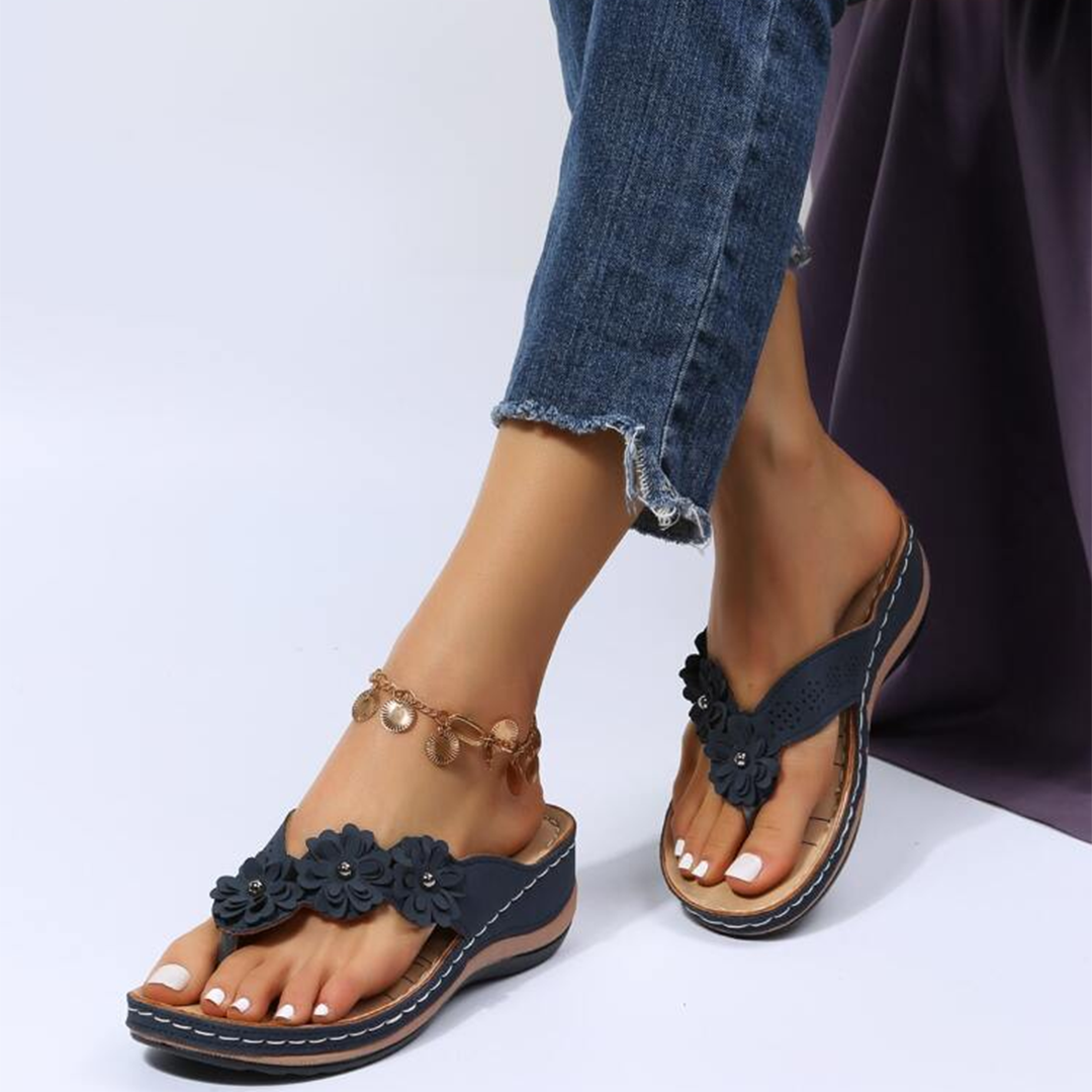 Lismali Uniqcloud Retro Studded Flowers Arch Support Wedge Flip Flops