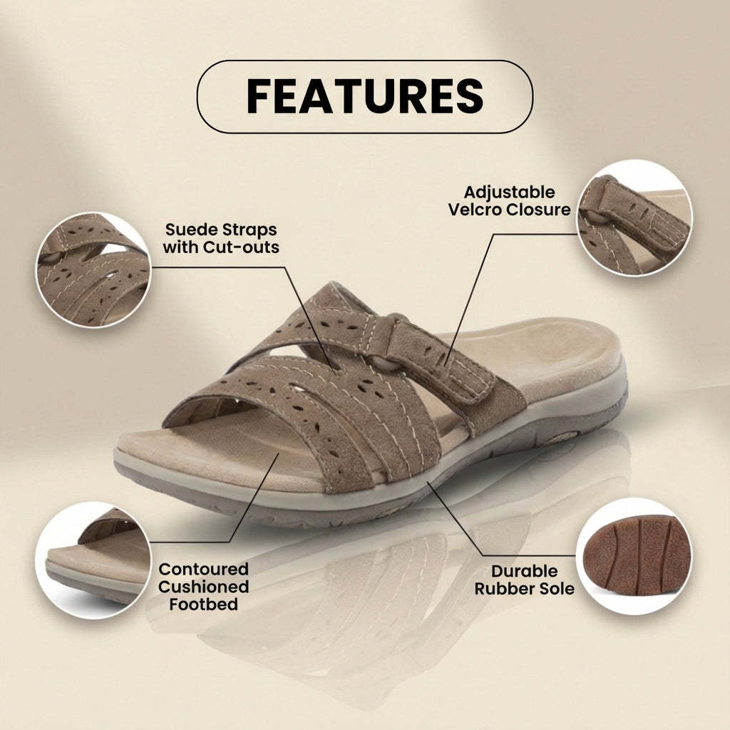Orthopedic Suede Slide Sandals - Perforated Cutout & Velcro Closure