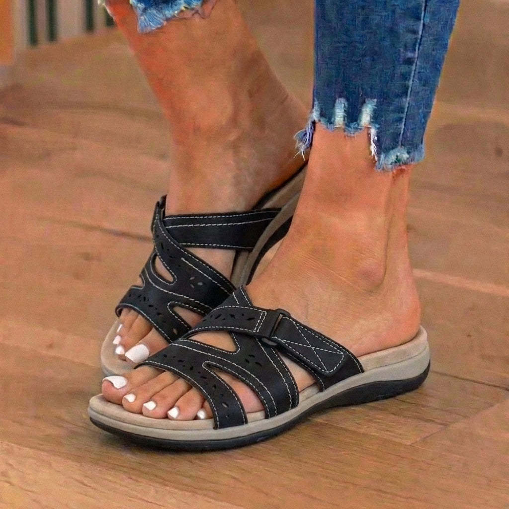 Orthopedic Suede Slide Sandals - Perforated Cutout & Velcro Closure