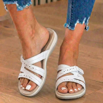 Orthopedic Suede Slide Sandals - Perforated Cutout & Velcro Closure