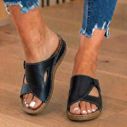 Orthopedic Leather Crossover Slide Sandals - Contrast Stitching Detail