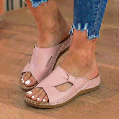 Orthopedic Leather Crossover Slide Sandals - Contrast Stitching Detail