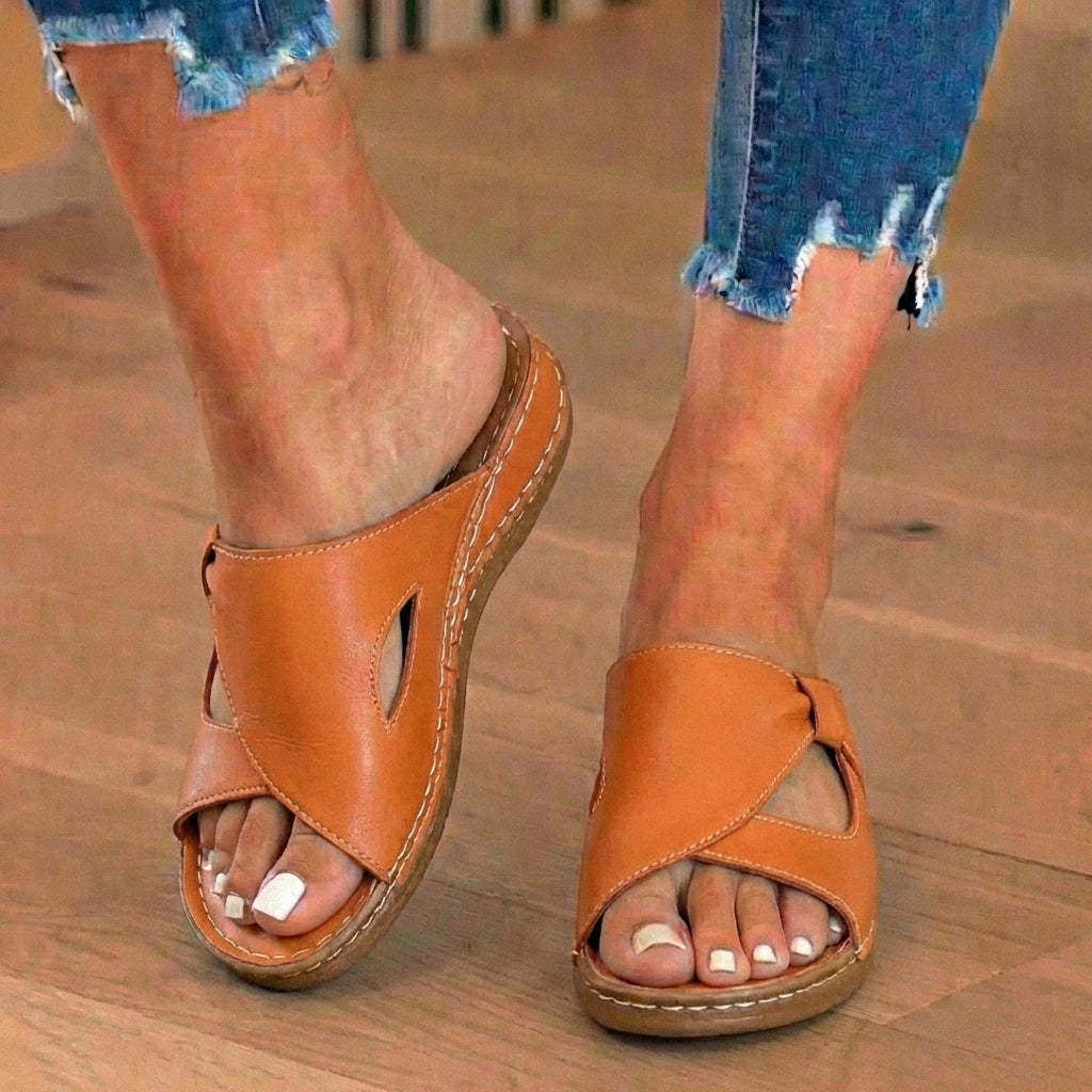 Orthopedic Leather Crossover Slide Sandals - Contrast Stitching Detail