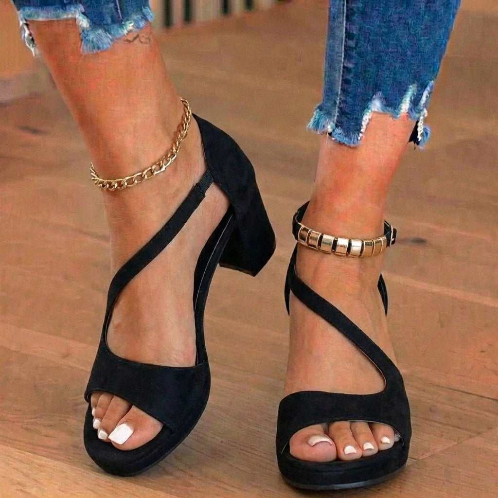 Orthopedic Suede Block Heel Sandals - Metallic Beaded Ankle Strap