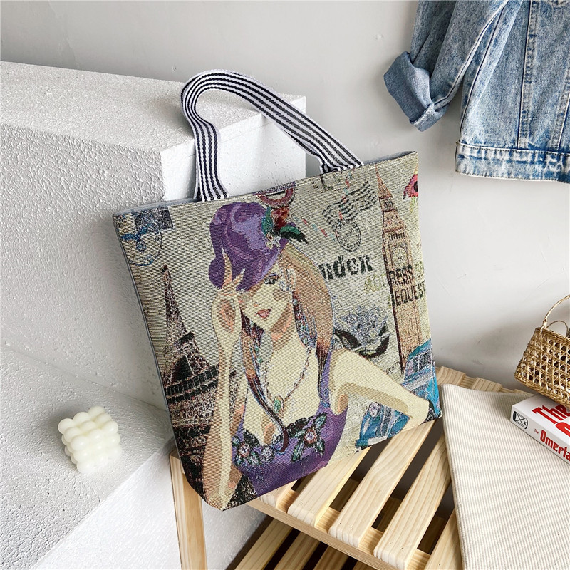 Artistic Vintage Fashion Illustrated Embroidered Shoulder Tote Bag👜