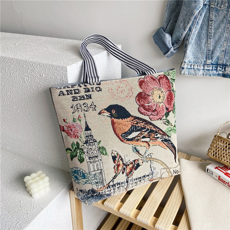 Artistic Vintage Fashion Illustrated Embroidered Shoulder Tote Bag👜